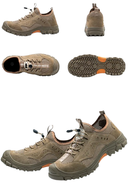 Męskie buty do pracy ochronne trekkingowe z blachą 36-46 Pro siatkowane z zamszem beż na ściągacze wsuwane