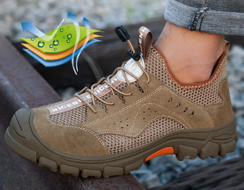 Męskie buty do pracy ochronne trekkingowe z blachą 36-46 Pro siatkowane z zamszem beż na ściągacze wsuwane